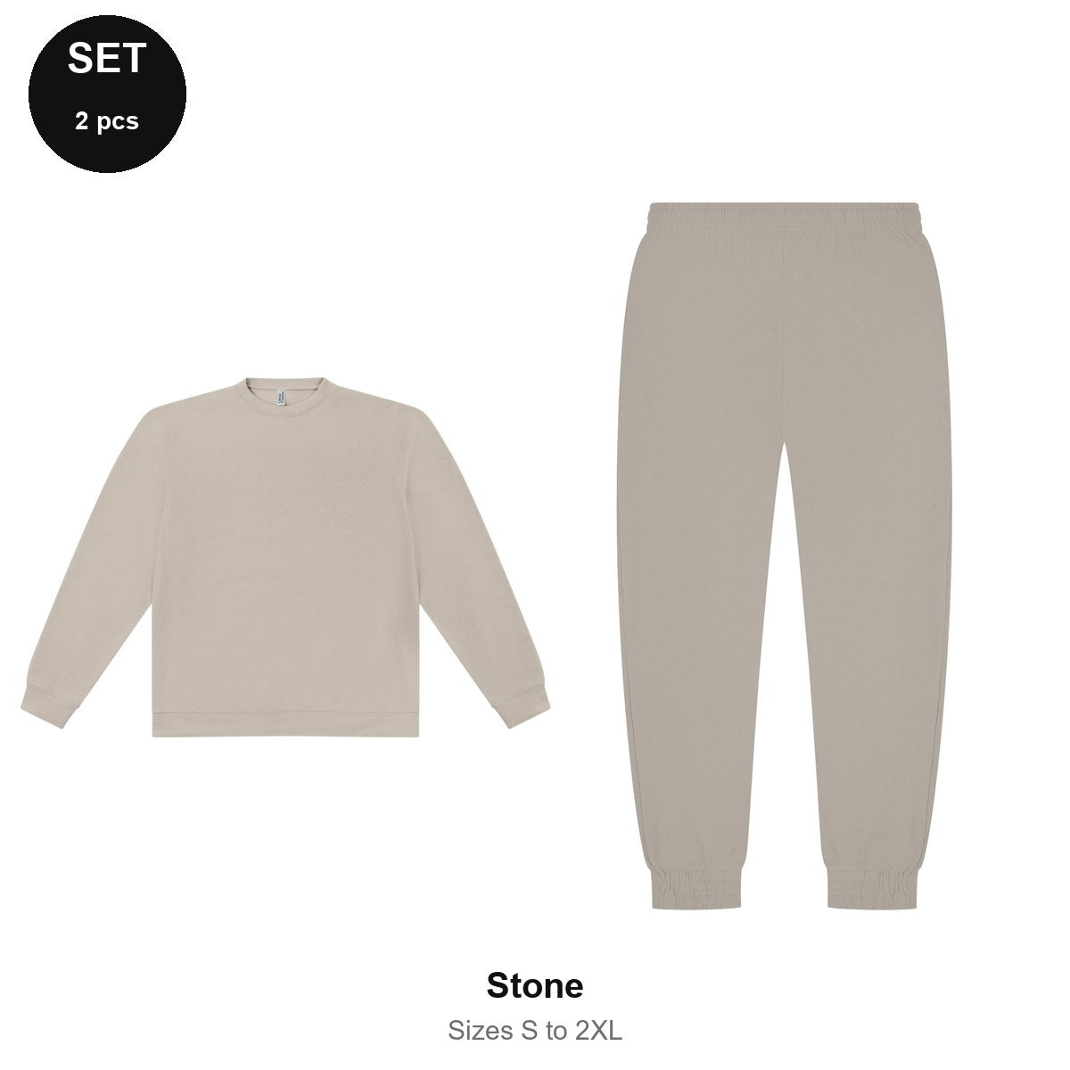 Sweatshirt + Joggers Set - 80% cotton / 20% polyester brushed-back fleece 280gsm, Sizes S-2XL - Stone