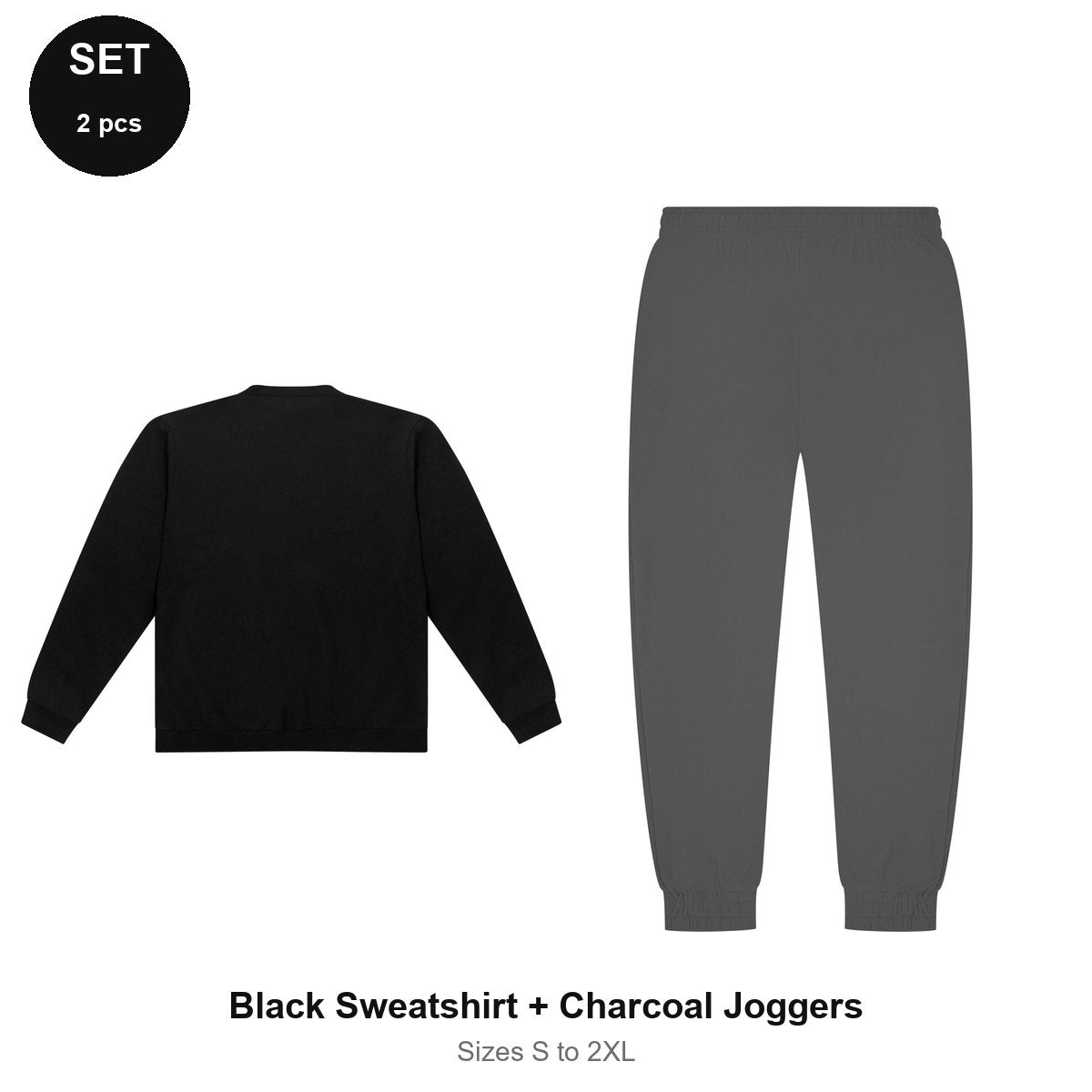 Sweatshirt + Joggers Set - 80% cotton / 20% polyester brushed-back fleece 280gsm, Sizes S-2XL - Black Sweatshirt + Charcoal Joggers