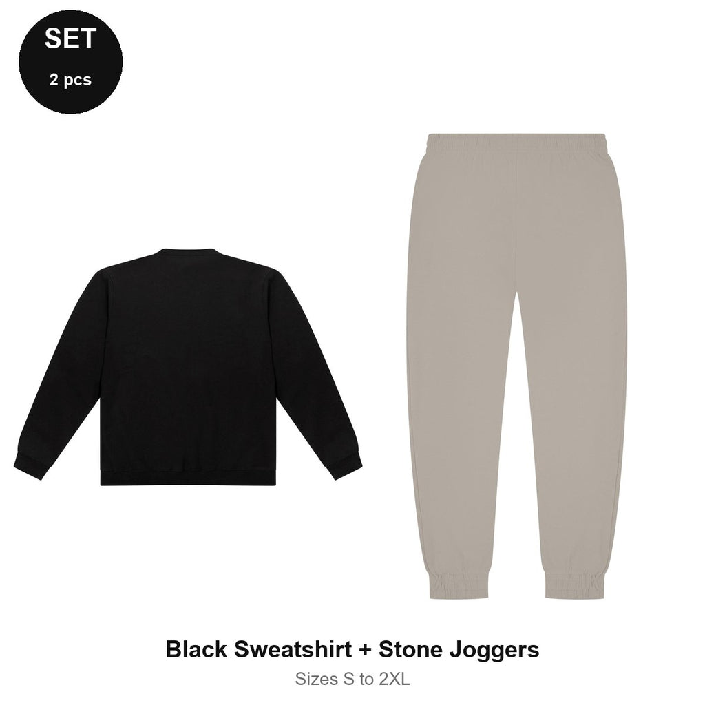 Sweatshirt + Joggers Set - 80% cotton / 20% polyester brushed-back fleece 280gsm, Sizes S-2XL - Black Sweatshirt + Stone Joggers