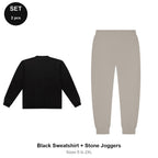 Sweatshirt + Joggers Set - 80% cotton / 20% polyester brushed-back fleece 280gsm, Sizes S-2XL - Black Sweatshirt + Stone Joggers