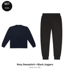 Sweatshirt + Joggers Set - 80% cotton / 20% polyester brushed-back fleece 280gsm, Sizes S-2XL - Navy Sweatshirt + Black Joggers