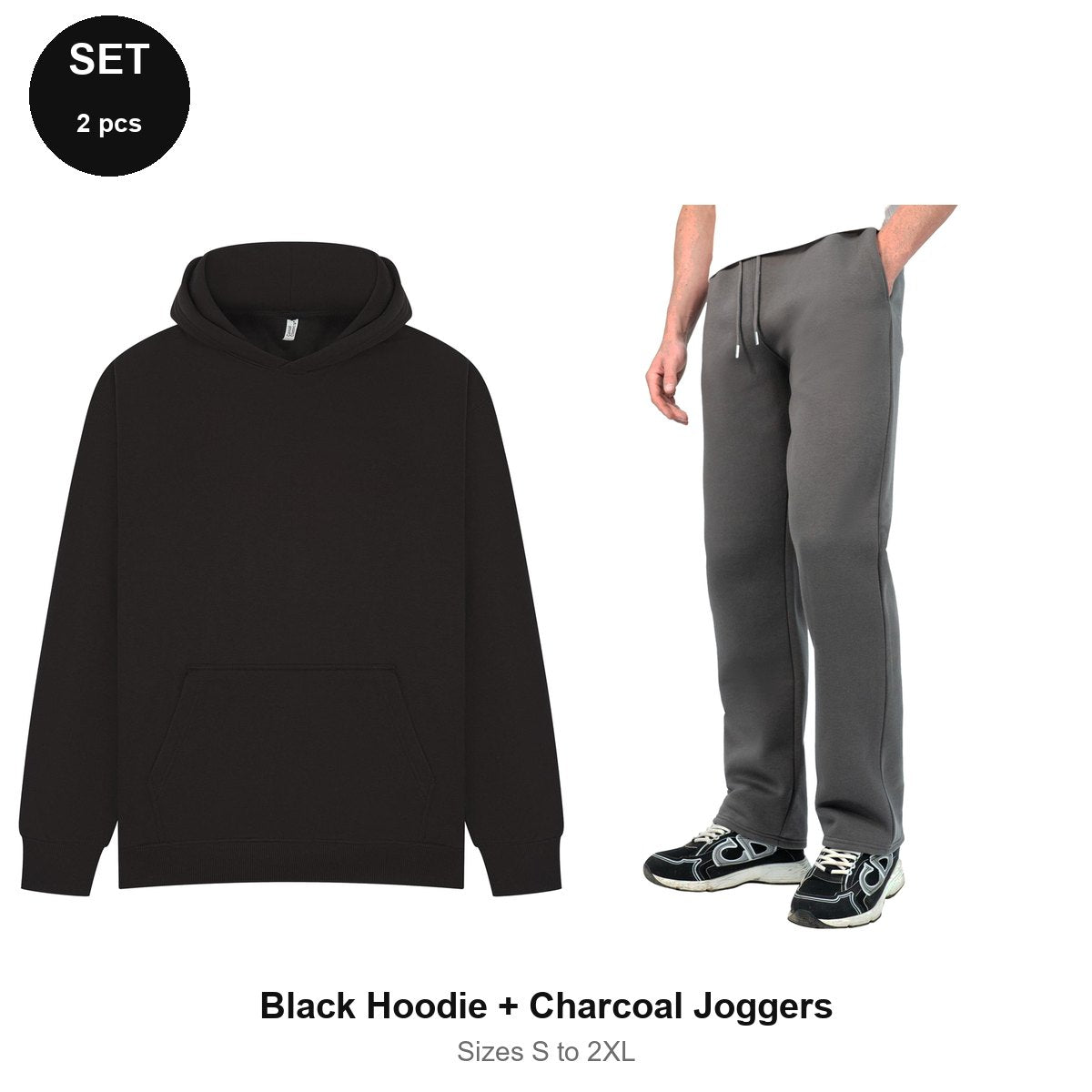 Oversized Tracksuit Set: Casual Core Oversize Hoodie + Relaxed Joggers - 80% cotton / 20% polyester brushed-back fleece  - Black Hoodie + Charcoal Joggers