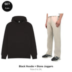 Oversized Tracksuit Set: Casual Core Oversize Hoodie + Relaxed Joggers - 80% cotton / 20% polyester brushed-back fleece  - Black Hoodie + Stone Joggers