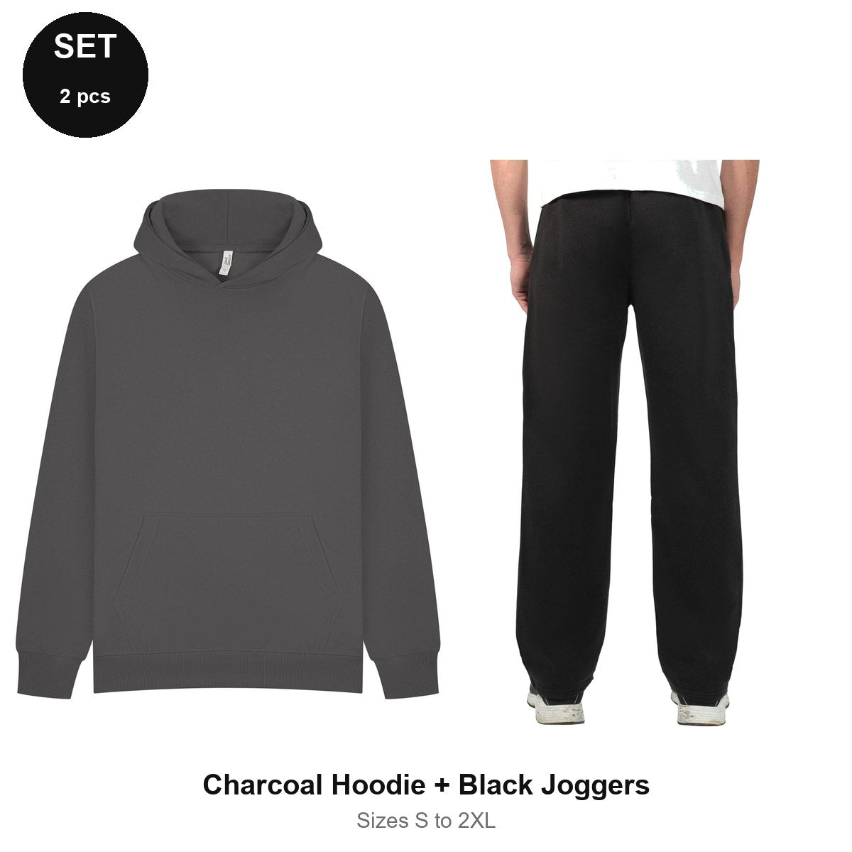 Oversized Tracksuit Set: Casual Core Oversize Hoodie + Relaxed Joggers - 80% cotton / 20% polyester brushed-back fleece  - Charcoal Hoodie + Black Joggers