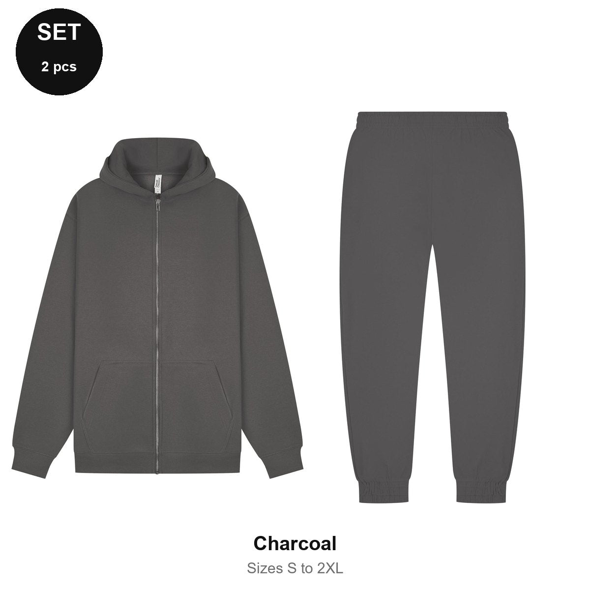 Zip Hoodie + Joggers Tracksuit Set - 80% cotton / 20% polyester brushed-back fleece 280gsm, Sizes S-2XL - Charcoal