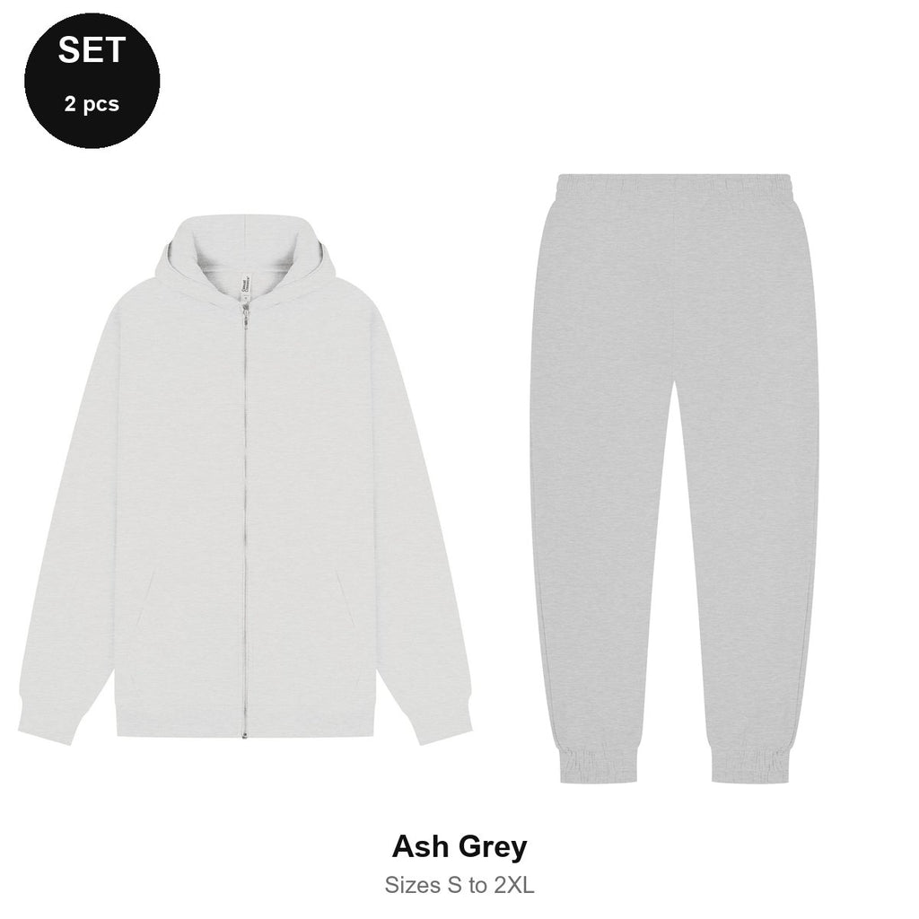 Zip Hoodie + Joggers Tracksuit Set - 80% cotton / 20% polyester brushed-back fleece 280gsm, Sizes S-2XL - Ash Grey