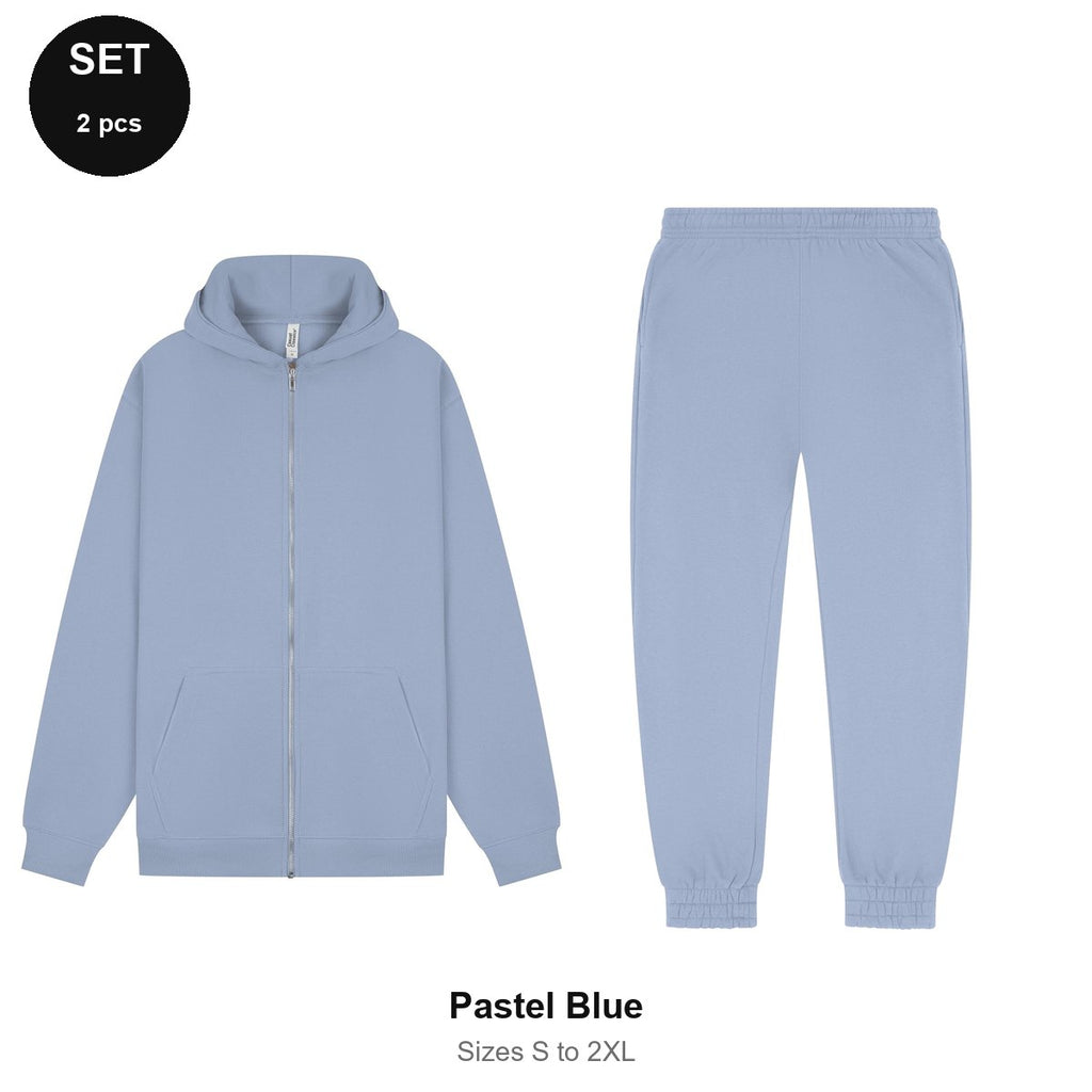 Zip Hoodie + Joggers Tracksuit Set - 80% cotton / 20% polyester brushed-back fleece 280gsm, Sizes S-2XL - Pastel Blue