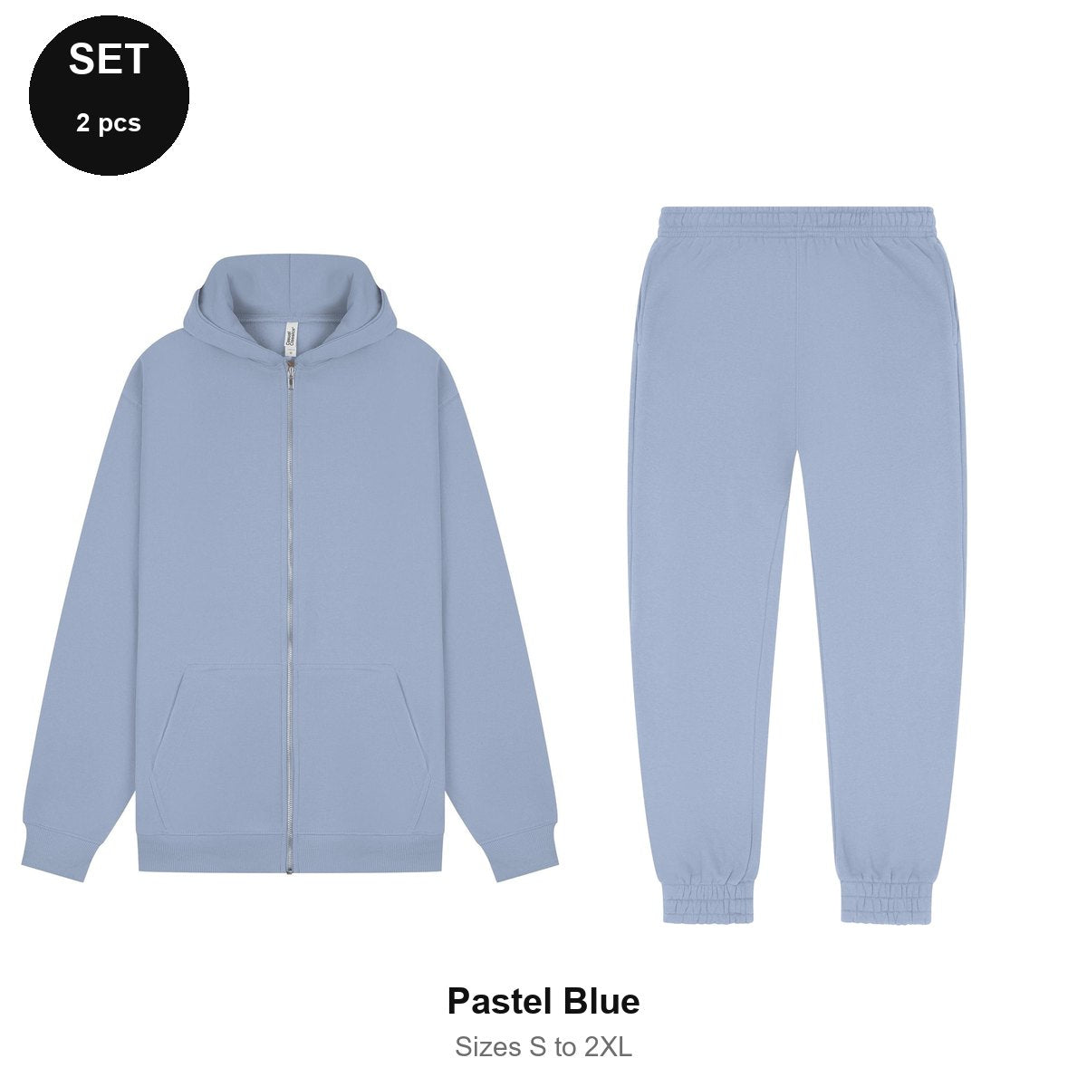 Zip Hoodie + Joggers Tracksuit Set - 80% cotton / 20% polyester brushed-back fleece 280gsm, Sizes S-2XL - Pastel Blue