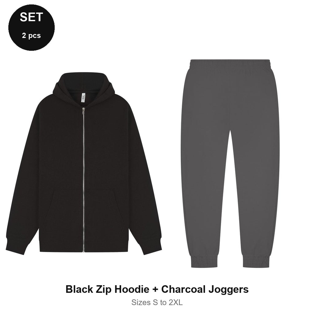 Zip Hoodie + Joggers Tracksuit Set - 80% cotton / 20% polyester brushed-back fleece 280gsm, Sizes S-2XL - Black Zip Hoodie + Charcoal Joggers