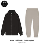 Zip Hoodie + Joggers Tracksuit Set - 80% cotton / 20% polyester brushed-back fleece 280gsm, Sizes S-2XL - Black Zip Hoodie + Stone Joggers