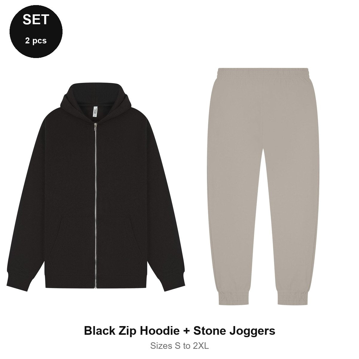 Zip Hoodie + Joggers Tracksuit Set - 80% cotton / 20% polyester brushed-back fleece 280gsm, Sizes S-2XL - Black Zip Hoodie + Stone Joggers
