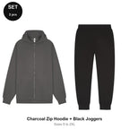 Zip Hoodie + Joggers Tracksuit Set - 80% cotton / 20% polyester brushed-back fleece 280gsm, Sizes S-2XL - Charcoal Zip Hoodie + Black Joggers