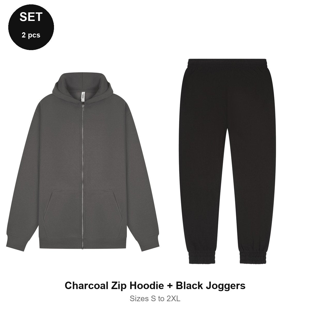 Zip Hoodie + Joggers Tracksuit Set - 80% cotton / 20% polyester brushed-back fleece 280gsm, Sizes S-2XL - Charcoal Zip Hoodie + Black Joggers