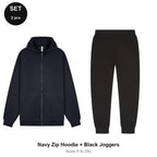 Zip Hoodie + Joggers Tracksuit Set - 80% cotton / 20% polyester brushed-back fleece 280gsm, Sizes S-2XL - Navy Zip Hoodie + Black Joggers