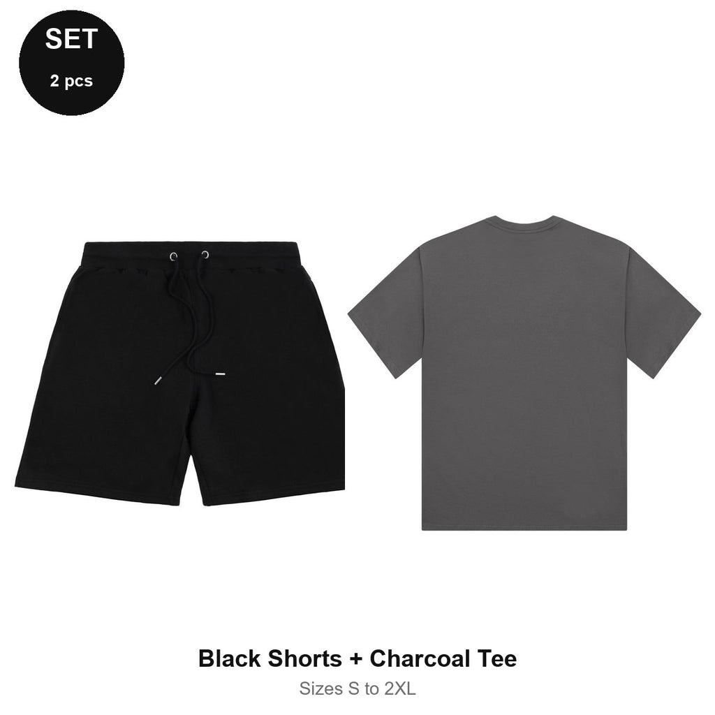 Summer Set: Sweat Shorts + Organic Tee - 80% cotton / 20% polyester brushed-back fleece 280gsm, Sizes S-2XL - Black Shorts + Charcoal Tee