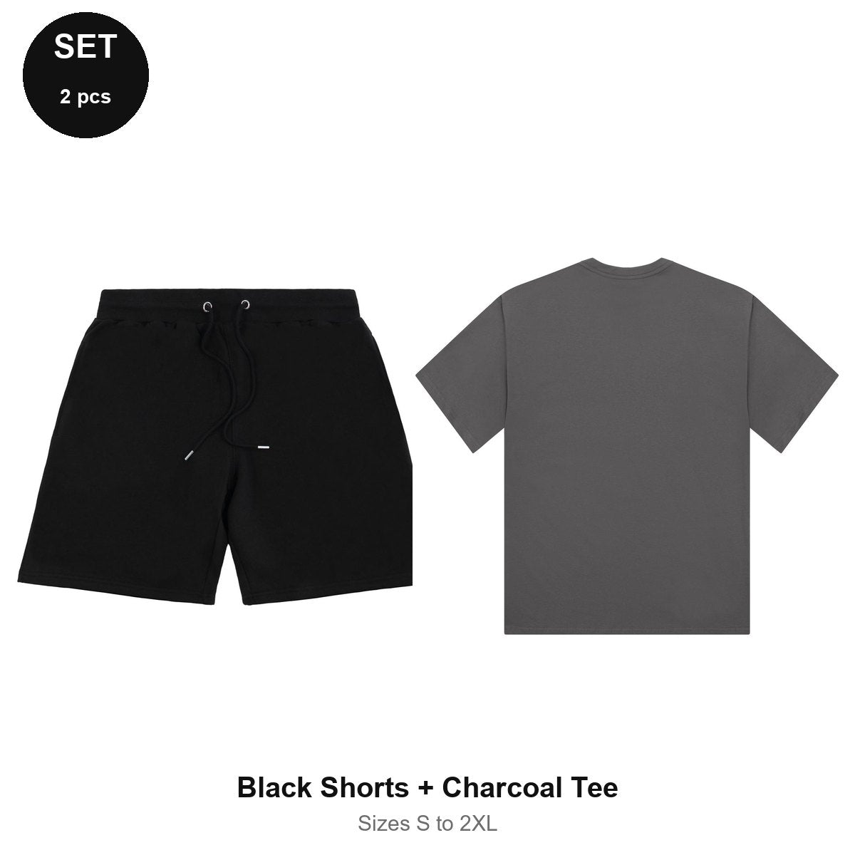 Summer Set: Sweat Shorts + Organic Tee - 80% cotton / 20% polyester brushed-back fleece 280gsm, Sizes S-2XL - Black Shorts + Charcoal Tee