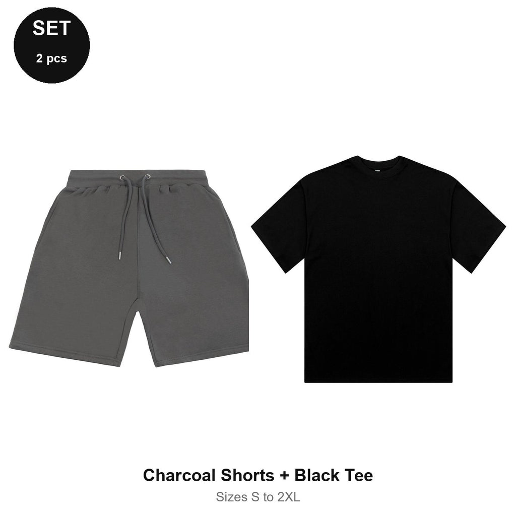 Summer Set: Sweat Shorts + Organic Tee - 80% cotton / 20% polyester brushed-back fleece 280gsm, Sizes S-2XL - Charcoal Shorts + Black Tee