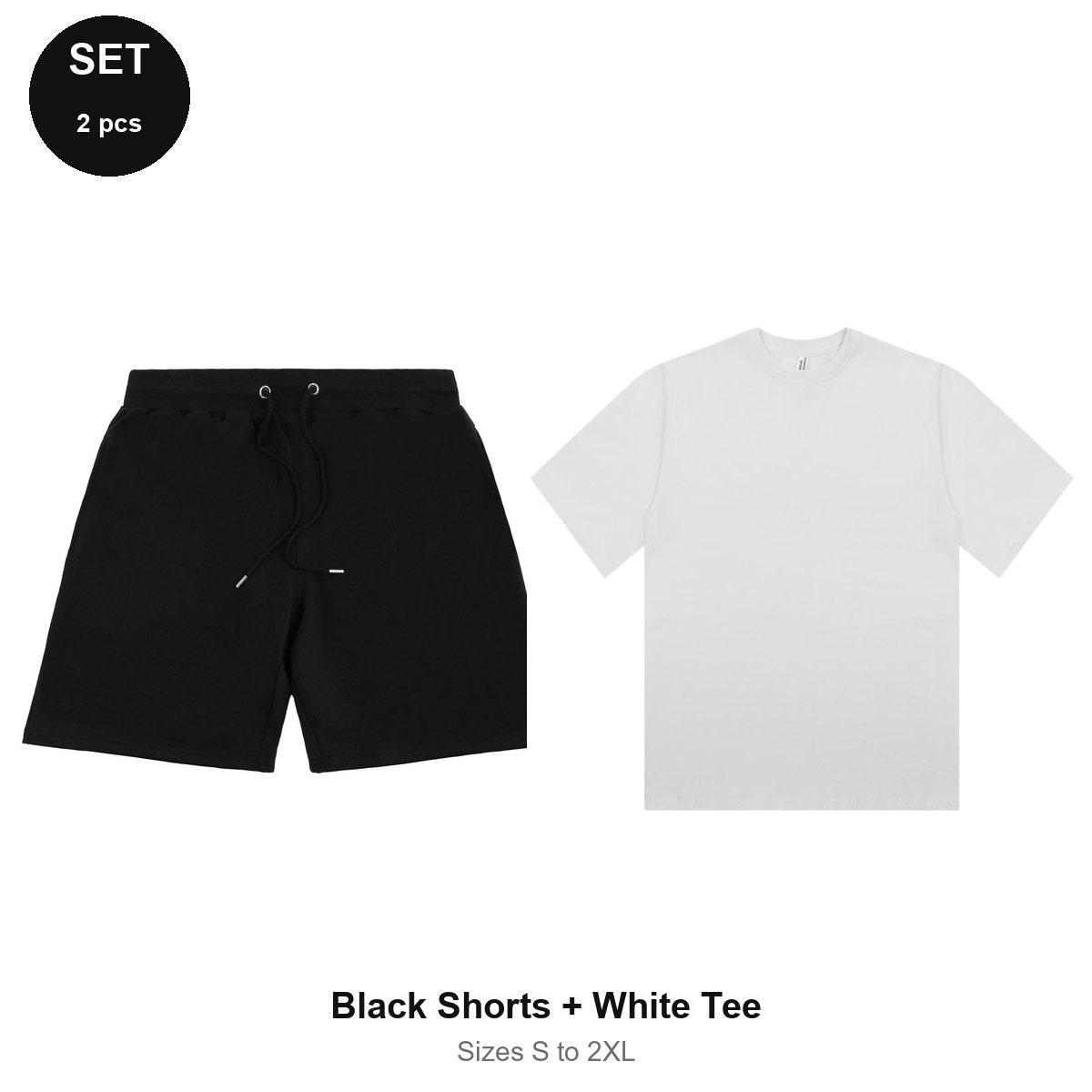 Summer Set: Sweat Shorts + Organic Tee - 80% cotton / 20% polyester brushed-back fleece 280gsm, Sizes S-2XL - Black Shorts + White Tee