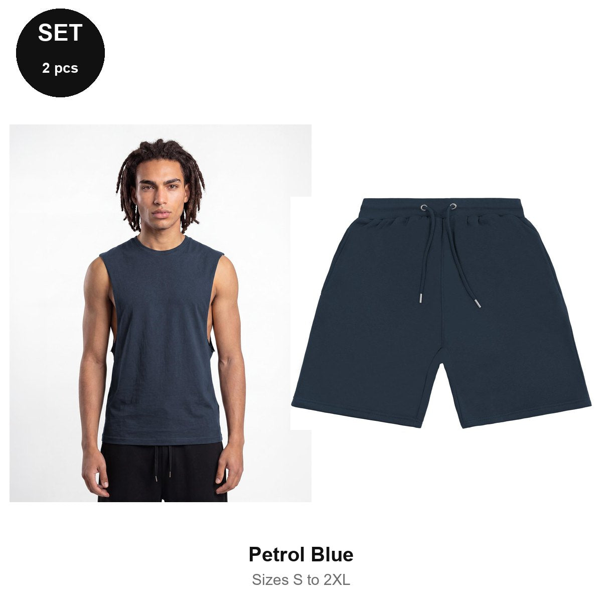 Gym Set: Drop-Arm Tank + Sweat Shorts - 100% organic cotton 180gsm, Sizes S-2XL, Gym & Sports - Petrol Blue