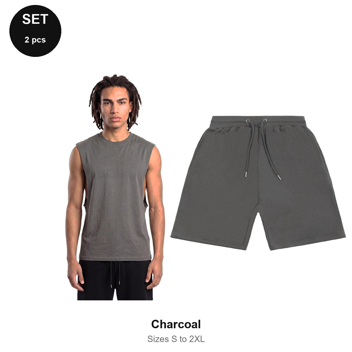 Gym Set: Drop-Arm Tank + Sweat Shorts - 100% organic cotton 180gsm, Sizes S-2XL, Gym & Sports - Charcoal