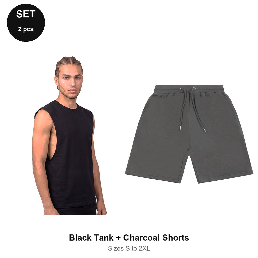 Gym Set: Drop-Arm Tank + Sweat Shorts - 100% organic cotton 180gsm, Sizes S-2XL, Gym & Sports - Black Tank + Charcoal Shorts