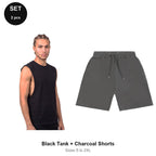 Gym Set: Drop-Arm Tank + Sweat Shorts - 100% organic cotton 180gsm, Sizes S-2XL, Gym & Sports - Black Tank + Charcoal Shorts