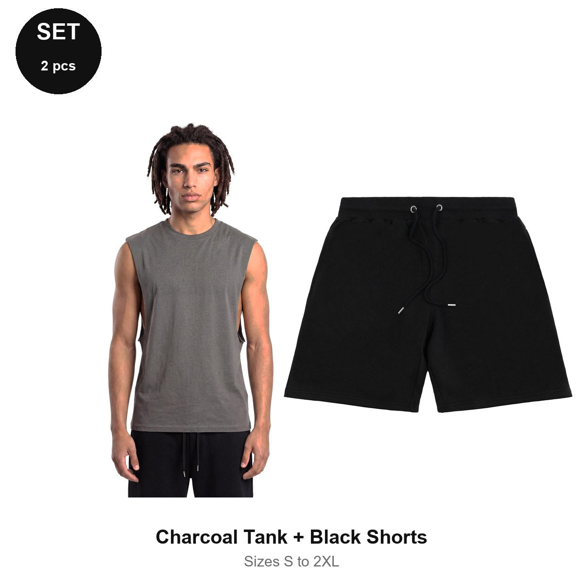 Gym Set: Drop-Arm Tank + Sweat Shorts - 100% organic cotton 180gsm, Sizes S-2XL, Gym & Sports - Charcoal Tank + Black Shorts