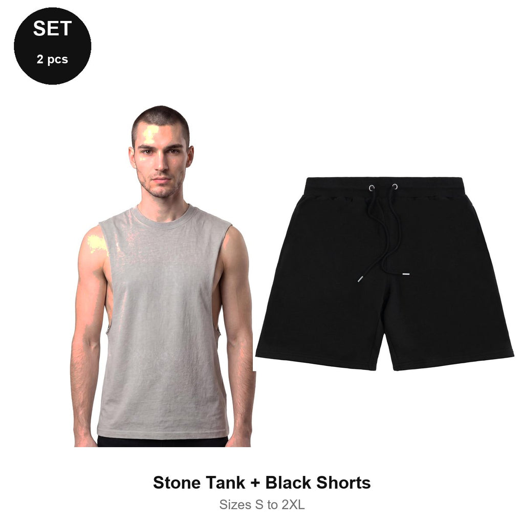 Gym Set: Drop-Arm Tank + Sweat Shorts - 100% organic cotton 180gsm, Sizes S-2XL, Gym & Sports - Stone Tank + Black Shorts