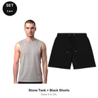 Gym Set: Drop-Arm Tank + Sweat Shorts - 100% organic cotton 180gsm, Sizes S-2XL, Gym & Sports - Stone Tank + Black Shorts
