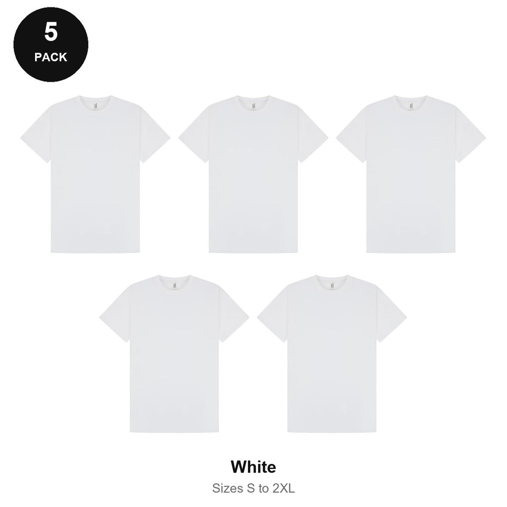 Mens Premium 180gsm T-Shirts 5 Pack - 100% ringspun cotton 180gsm, Sizes S-2XL - White