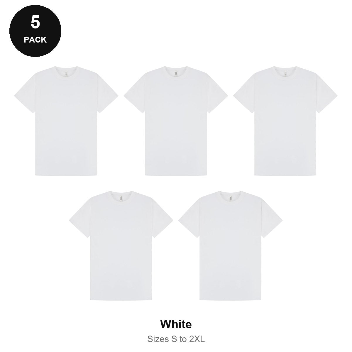 Mens Premium 180gsm T-Shirts 5 Pack - 100% ringspun cotton 180gsm, Sizes S-2XL - White