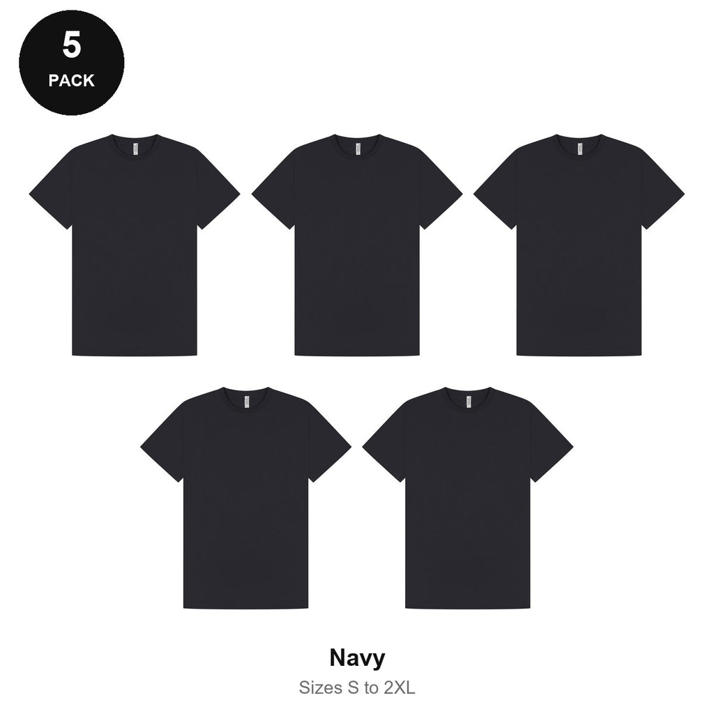 Mens Premium 180gsm T-Shirts 5 Pack - 100% ringspun cotton 180gsm, Sizes S-2XL - Navy