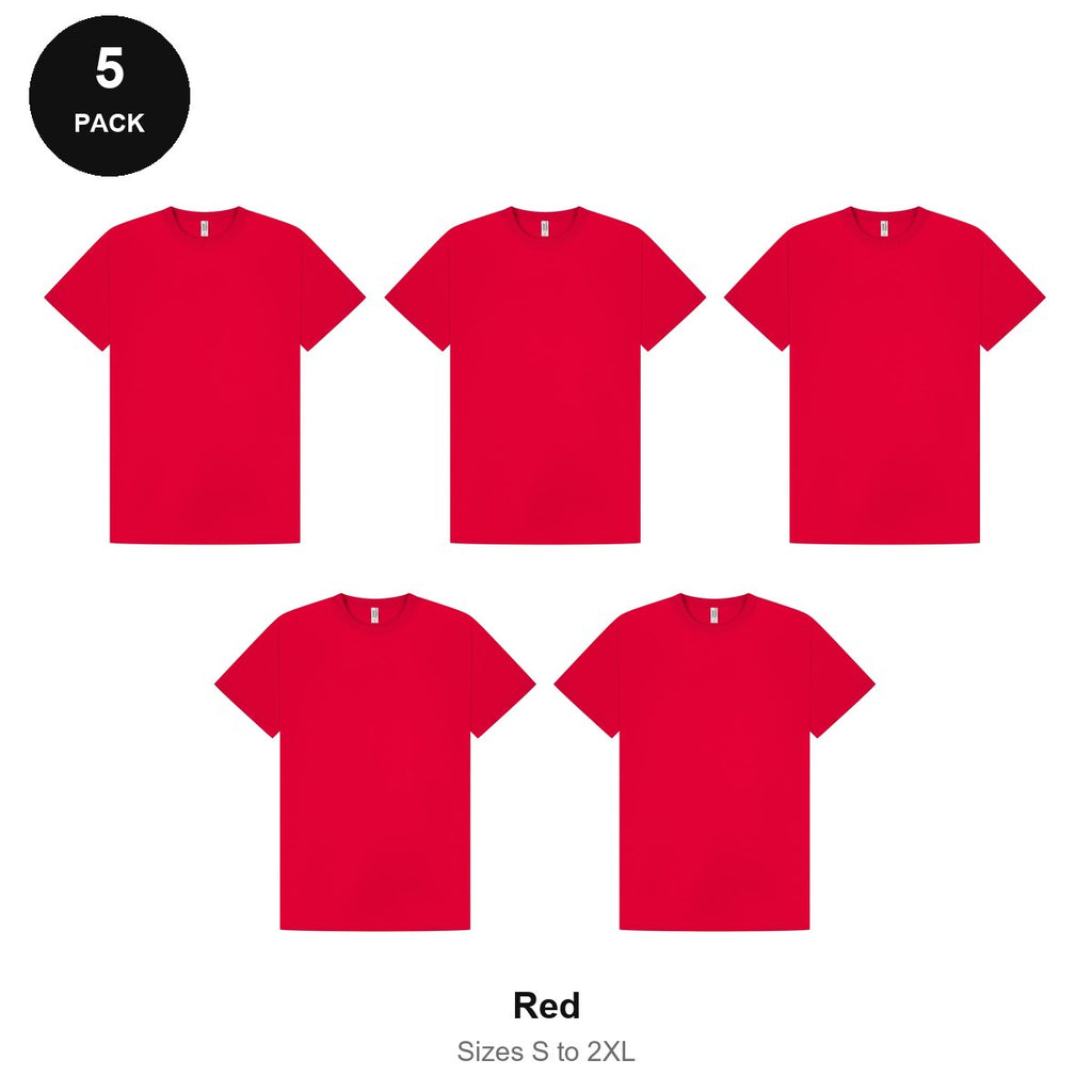 Mens Premium 180gsm T-Shirts 5 Pack - 100% ringspun cotton 180gsm, Sizes S-2XL - Red