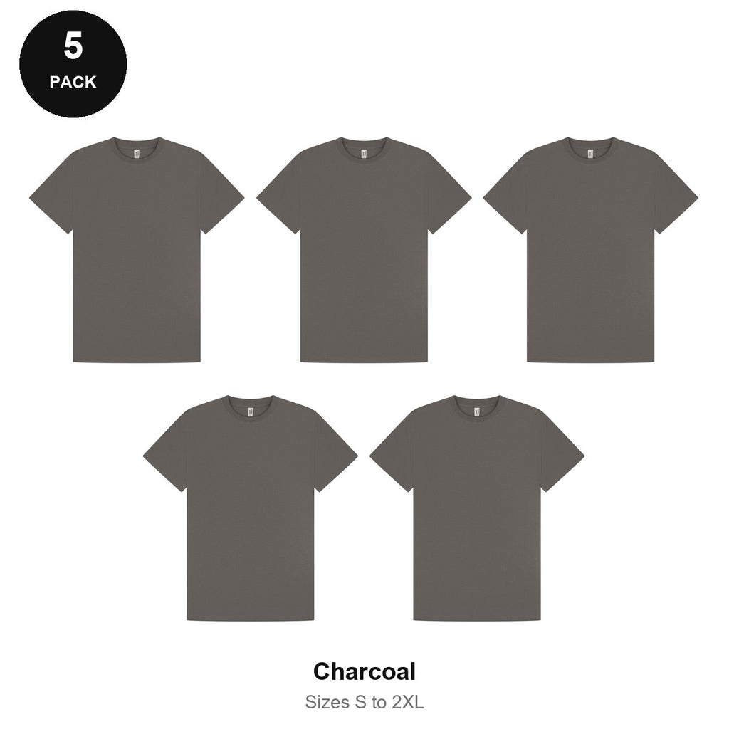 Mens Premium 180gsm T-Shirts 5 Pack - 100% ringspun cotton 180gsm, Sizes S-2XL - Charcoal
