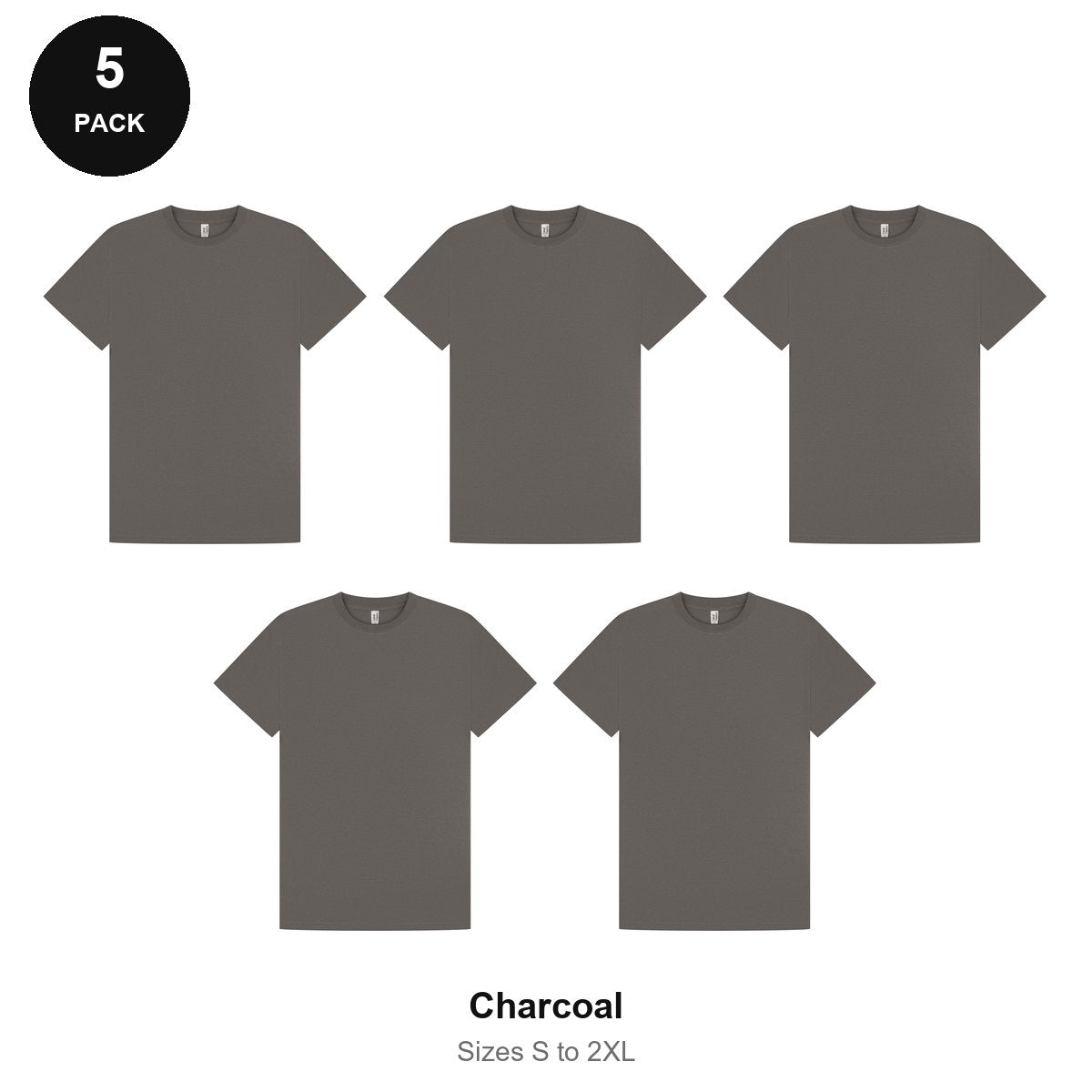 Mens Premium 180gsm T-Shirts 5 Pack - 100% ringspun cotton 180gsm, Sizes S-2XL - Charcoal
