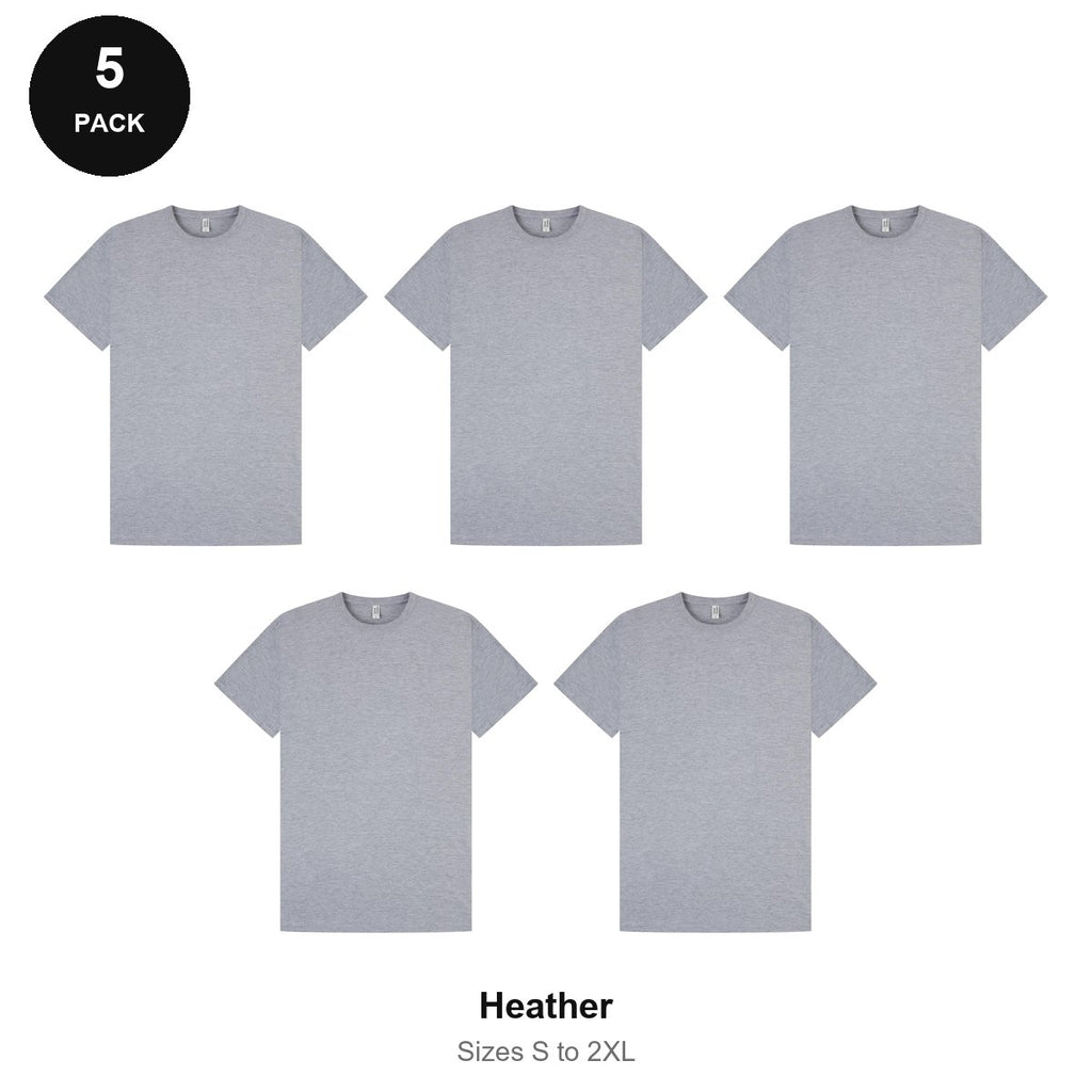 Mens Premium 180gsm T-Shirts 5 Pack - 100% ringspun cotton 180gsm, Sizes S-2XL - Heather
