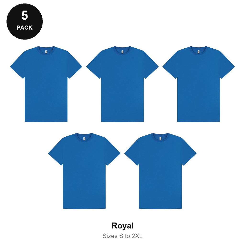 Mens Premium 180gsm T-Shirts 5 Pack - 100% ringspun cotton 180gsm, Sizes S-2XL - Royal