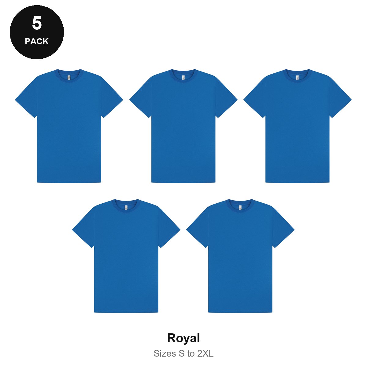 Mens Premium 180gsm T-Shirts 5 Pack - 100% ringspun cotton 180gsm, Sizes S-2XL - Royal