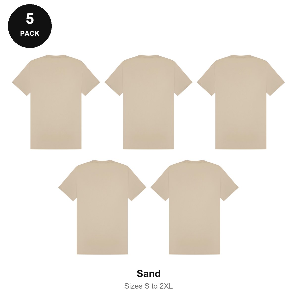 Mens Premium 180gsm T-Shirts 5 Pack - 100% ringspun cotton 180gsm, Sizes S-2XL - Sand