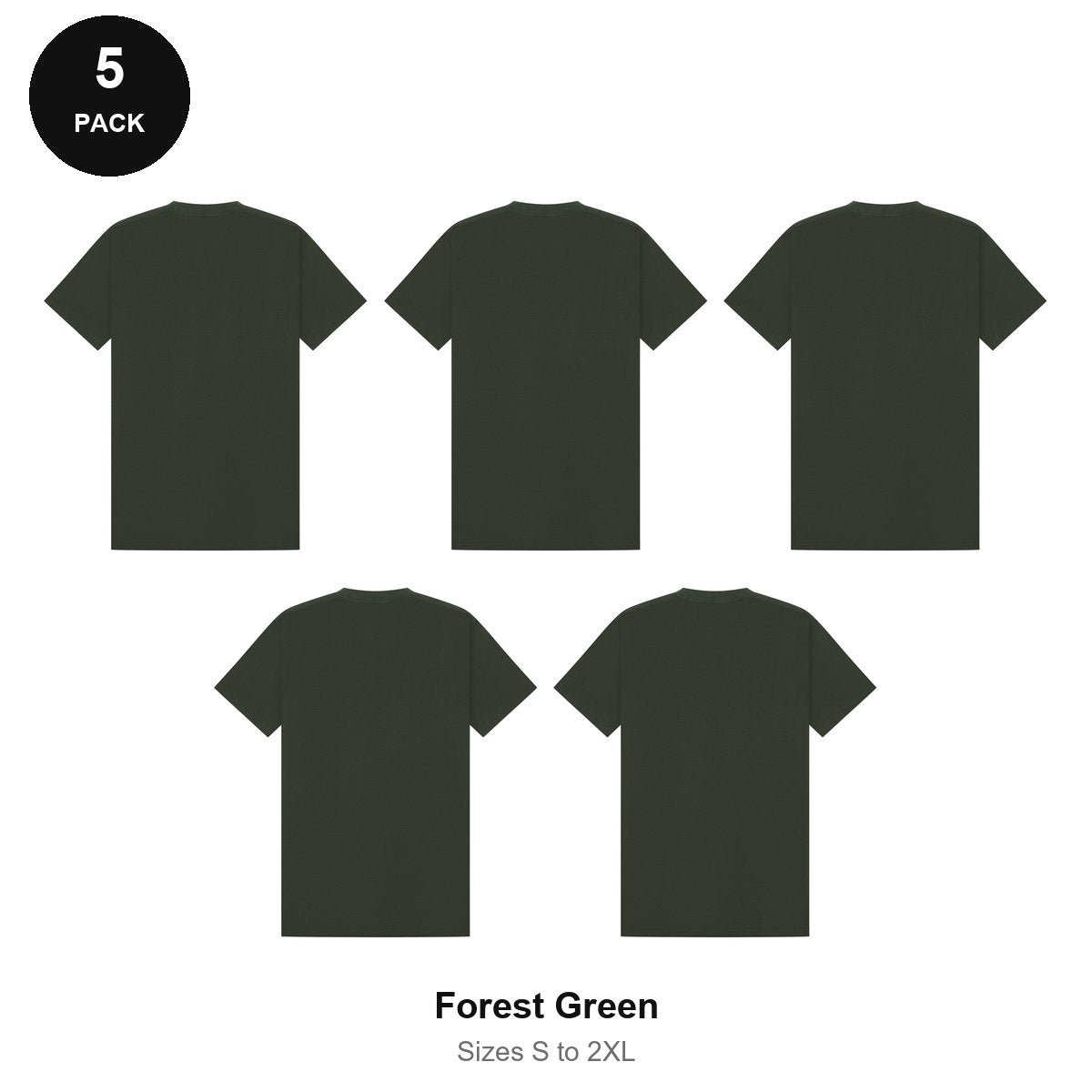 Mens Premium 180gsm T-Shirts 5 Pack - 100% ringspun cotton 180gsm, Sizes S-2XL - Forest Green