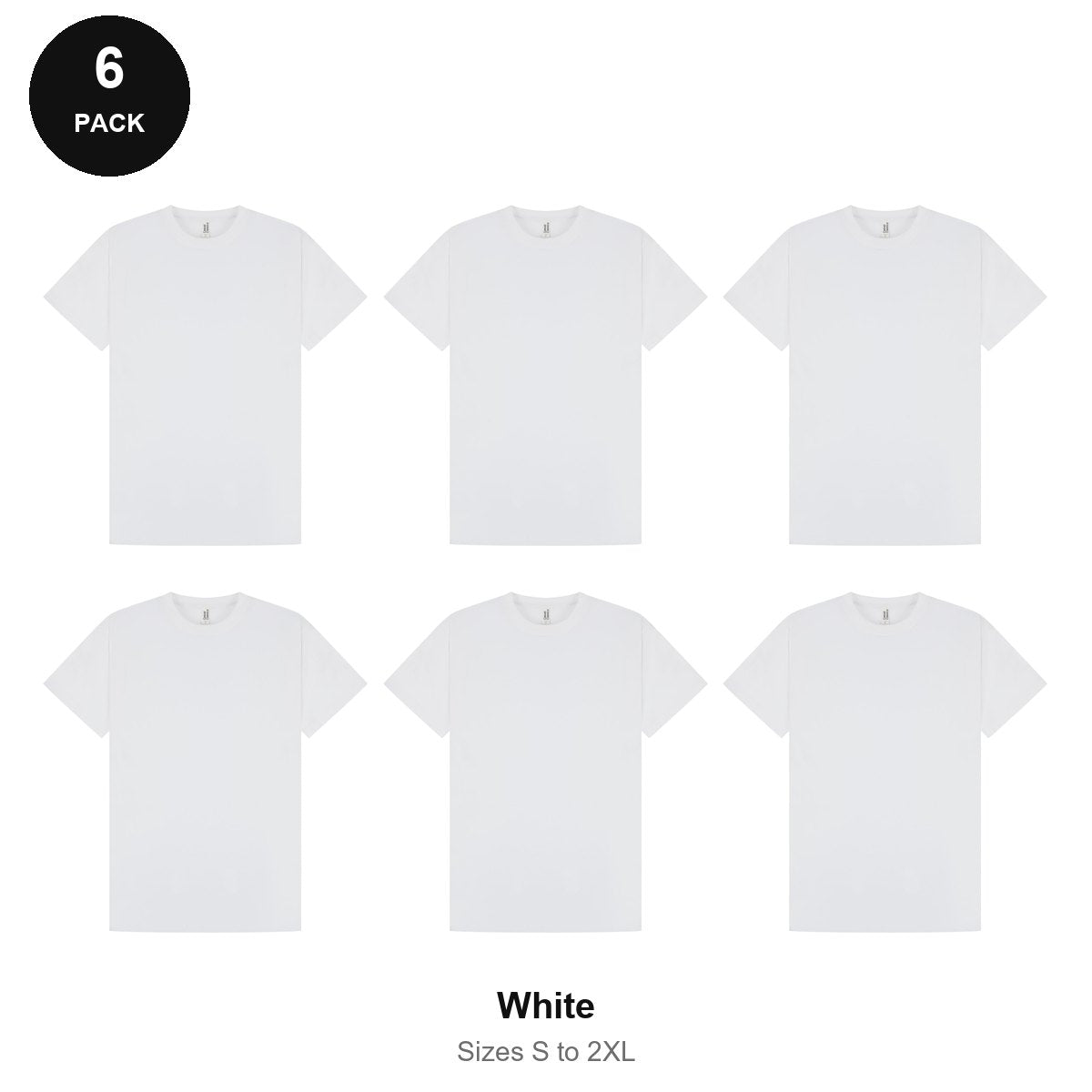 Mens White 180gsm T-Shirts 6 Pack - 100% ringspun cotton 180gsm, Sizes S-2XL - White