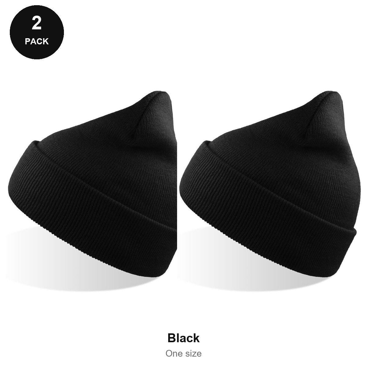 Beanie Hats 2 Pack - 100% recycled polyester knit, One Size - Black