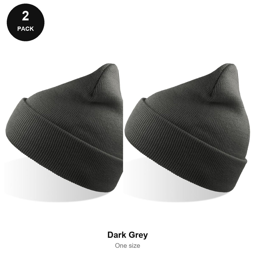 Beanie Hats 2 Pack - 100% recycled polyester knit, One Size - Dark Grey