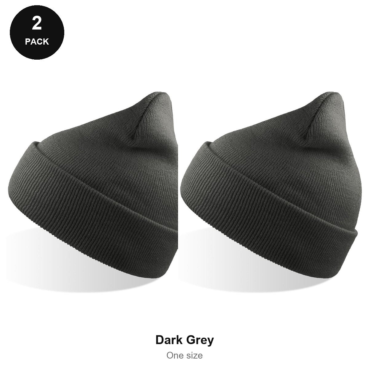 Beanie Hats 2 Pack - 100% recycled polyester knit, One Size - Dark Grey