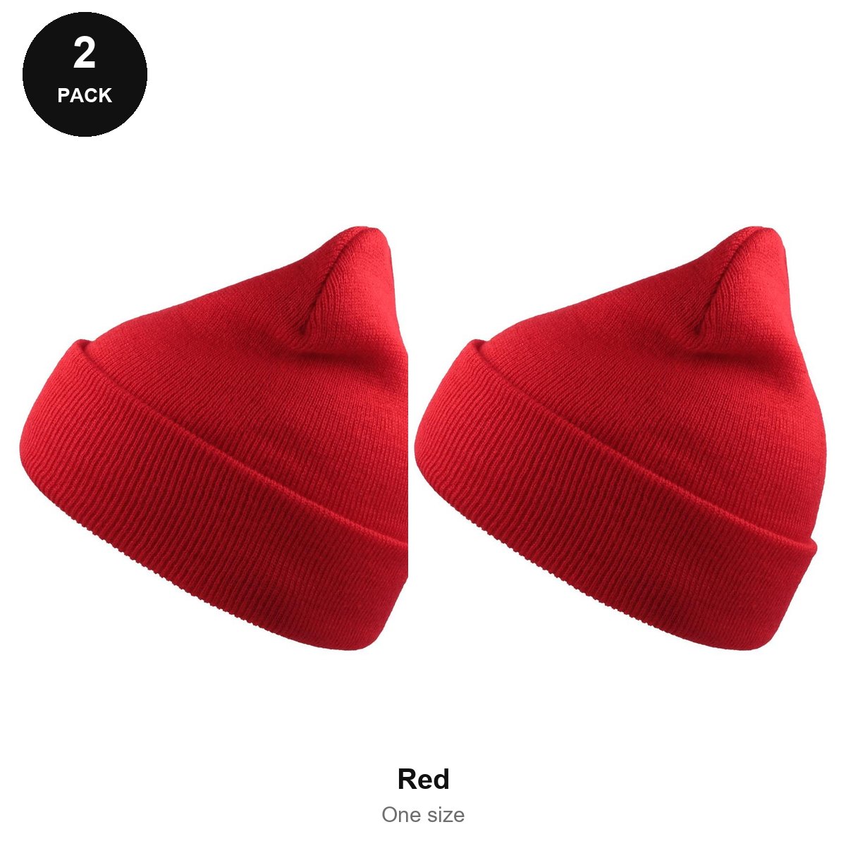 Beanie Hats 2 Pack - 100% recycled polyester knit, One Size - Red
