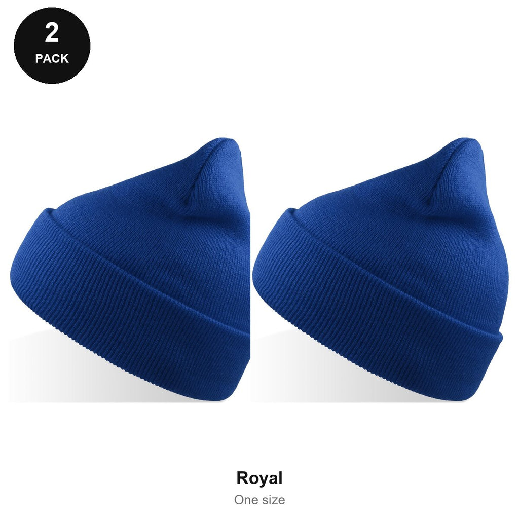 Beanie Hats 2 Pack - 100% recycled polyester knit, One Size - Royal