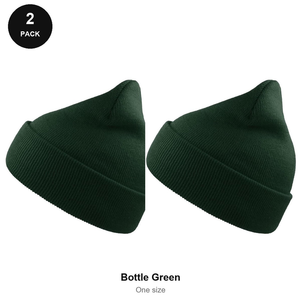 Beanie Hats 2 Pack - 100% recycled polyester knit, One Size - Bottle Green