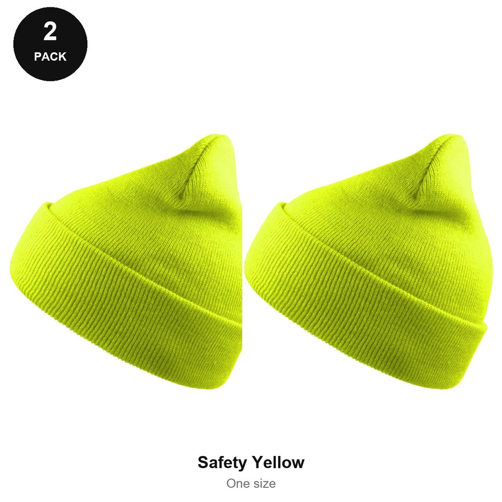 Beanie Hats 2 Pack - 100% recycled polyester knit, One Size - Safety Yellow