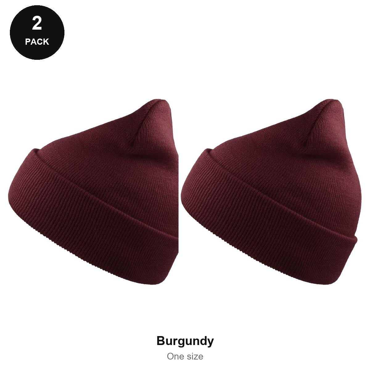Beanie Hats 2 Pack - 100% recycled polyester knit, One Size - Burgundy