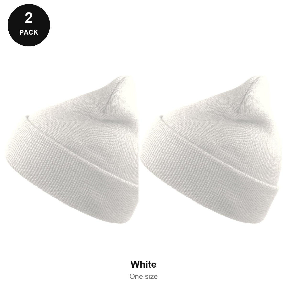Beanie Hats 2 Pack - 100% recycled polyester knit, One Size - White